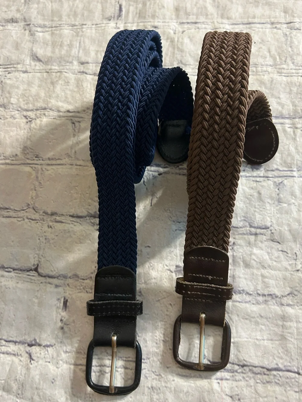 VINTAGE BROWN AND NAVY WITH LEATHER COVERED BUCKLES MEN STRETCH BELTS